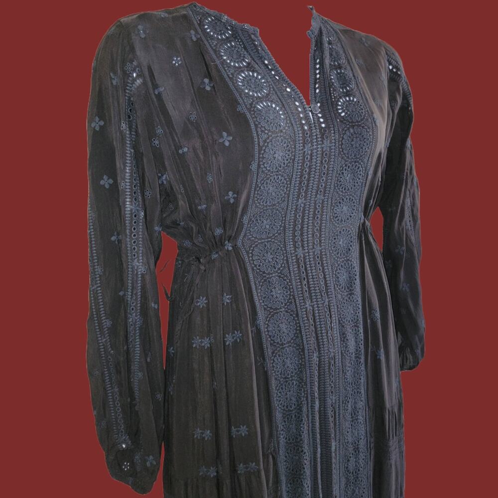 Embroidered Long Sleeve Sheer Tiered Johnny Was Maxi Dress, Size L